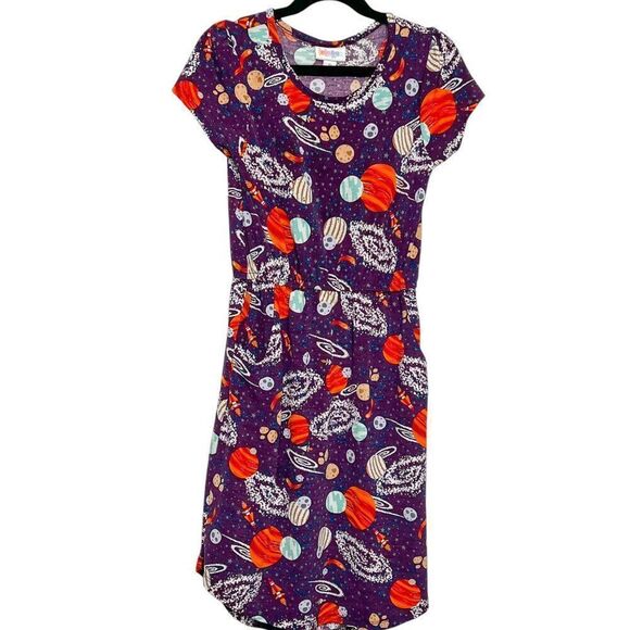 Lularoe Girls Space Galaxy Planet Rocket Ship Purple Dress w/ Pockets Size 10 - Picture 1 of 4